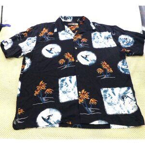 Thums Up Surfer & Palm Tree Hawaiian Shirt XL Black Rayon Button-Down Beachwear